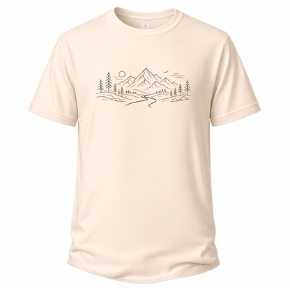 Naturfarbenes Wander T-Shirt mit feinem Bergpfad-Motiv, Bergen, Bäumen, Sonne und Landschaftslinie.