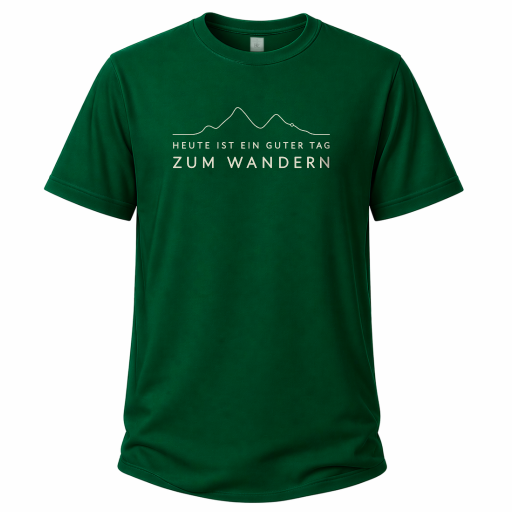 Grünes Wander T-Shirt mit minimalistischem Höhenlinien-Motiv und dem Spruch „Heute ist ein guter Tag zum Wandern“.