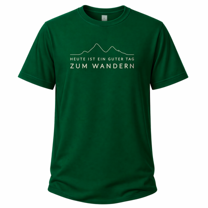 Grünes Wander T-Shirt mit minimalistischem Höhenlinien-Motiv und dem Spruch „Heute ist ein guter Tag zum Wandern“.
