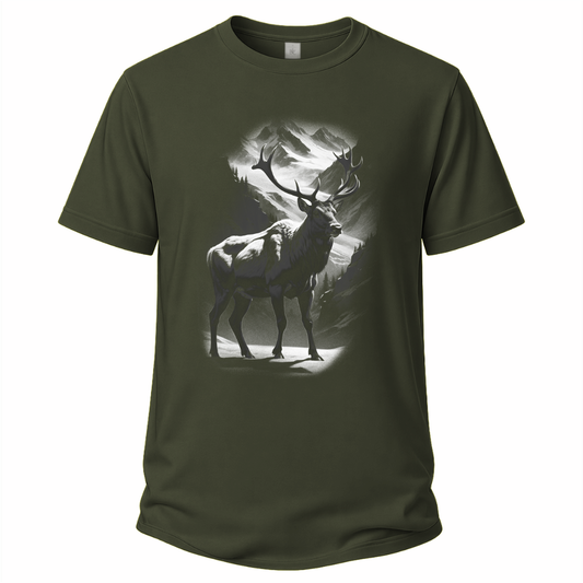 Olivegrünes Wander T-Shirt mit Caribou vor Berglandschaft im monochromen Outdoor-Stil.
