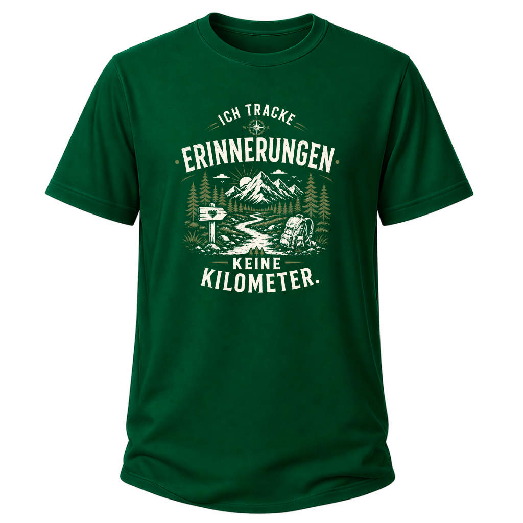 Grünes Wander-T-Shirt mit Spruch „Ich tracke Erinnerungen, keine Kilometer“ und heller Naturgrafik mit Wanderweg, Bergen und Bäumen.