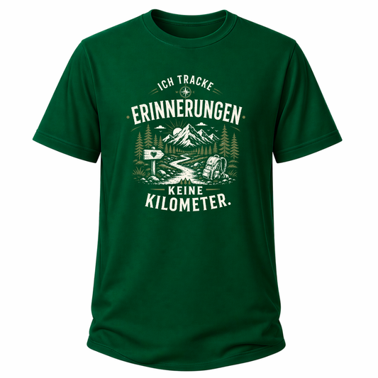 Grünes Wander-T-Shirt mit Spruch „Ich tracke Erinnerungen, keine Kilometer“ und heller Naturgrafik mit Wanderweg, Bergen und Bäumen.