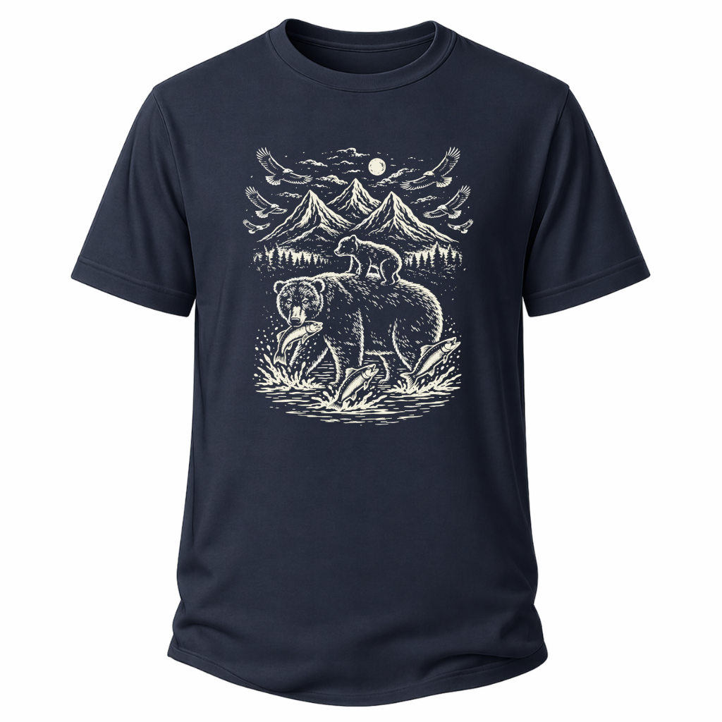Navy Natur-T-Shirt mit heller Bären-Grafik, Bergen und Wasser im gravurartigen Stil.