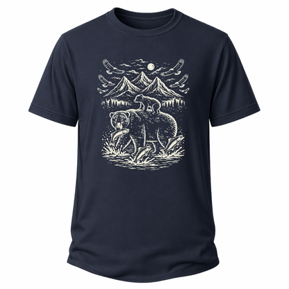 Navy Natur-T-Shirt mit heller Bären-Grafik, Bergen und Wasser im gravurartigen Stil.