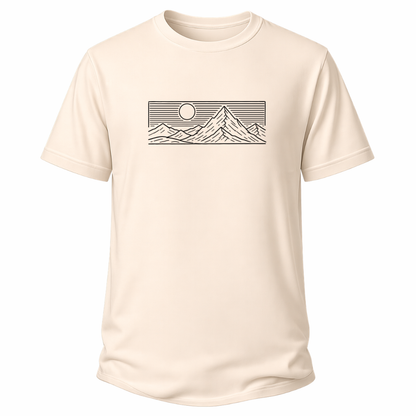 Beiges Wander-T-Shirt mit minimalistischer Berglinie, Sonne und Horizont.