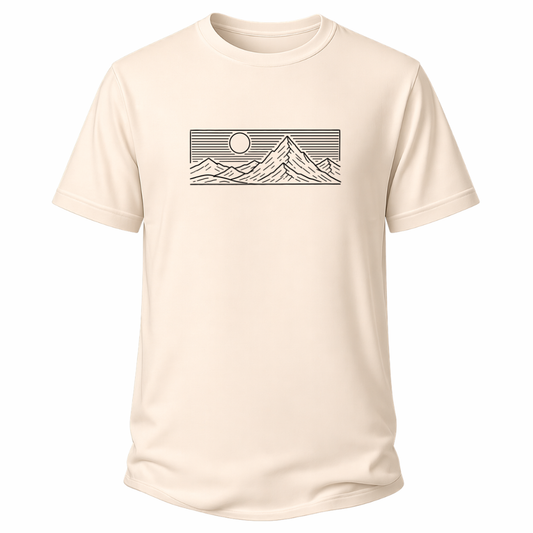 Beiges Wander-T-Shirt mit minimalistischer Berglinie, Sonne und Horizont.