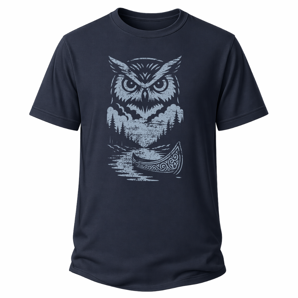 Naviblaues Natur-T-Shirt mit heller Eulen-Grafik auf einem Kanu im gravurartigen Stil.