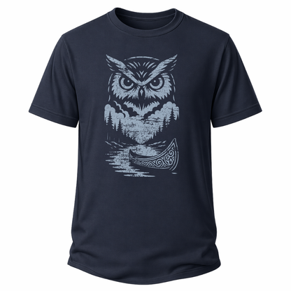 Naviblaues Natur-T-Shirt mit heller Eulen-Grafik auf einem Kanu im gravurartigen Stil.