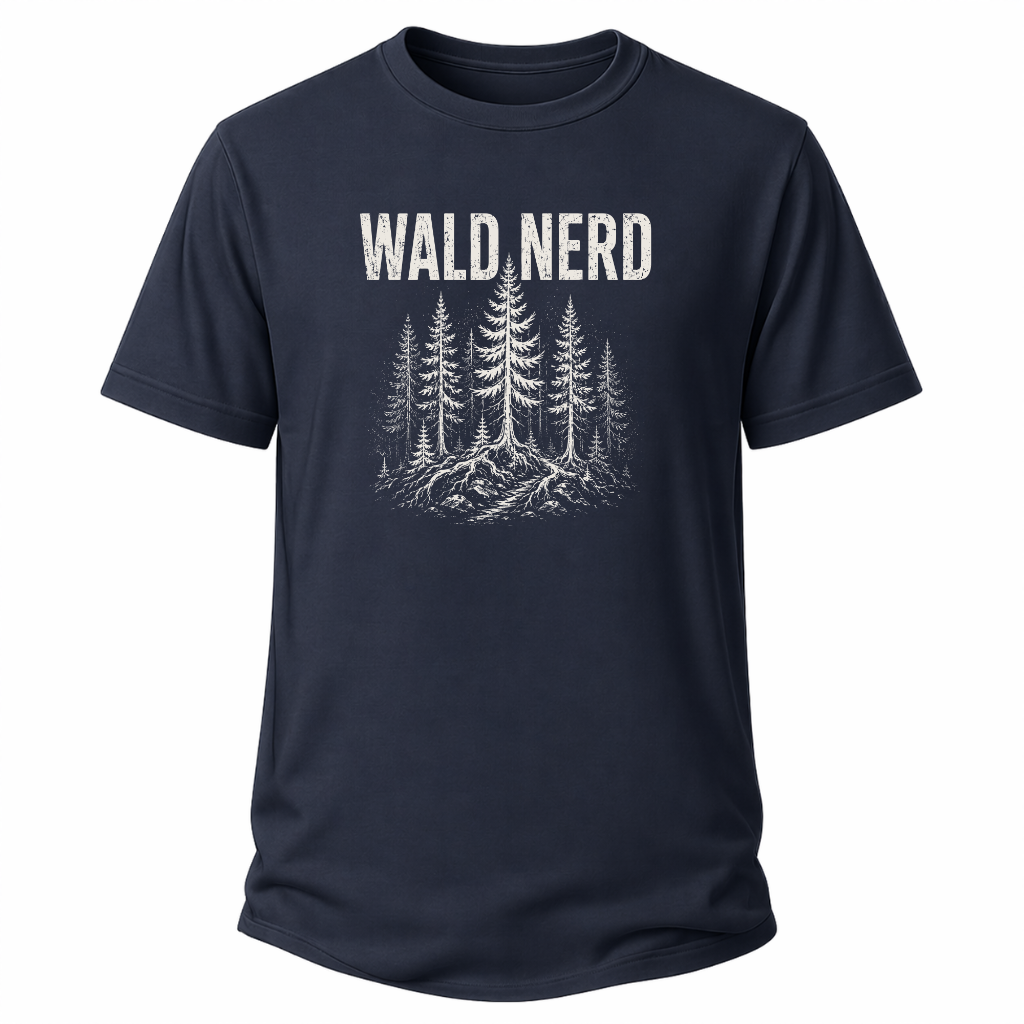 Navyblaues Wander-T-Shirt mit Schriftzug „WALD NERD“ und heller Waldgrafik mit Tannen und Wurzeln.