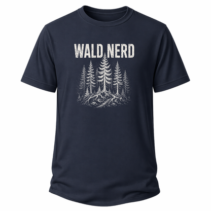 Navyblaues Wander-T-Shirt mit Schriftzug „WALD NERD“ und heller Waldgrafik mit Tannen und Wurzeln.