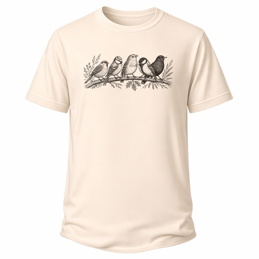 Beiges Natur-T-Shirt mit feiner Vogelillustration im Gravur-Stil, fünf Waldvögeln auf einem Zweig und dezenten botanischen Details.