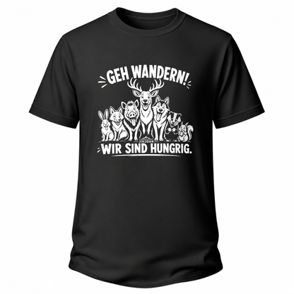 Schwarzes Wander-T-Shirt mit lustiger Waldtiergruppe, Schriftzug „Geh wandern! Wir sind hungrig.“ und kleinem Jikudan-Logo.