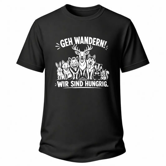 Schwarzes Wander-T-Shirt mit lustiger Waldtiergruppe, Schriftzug „Geh wandern! Wir sind hungrig.“ und kleinem Jikudan-Logo.
