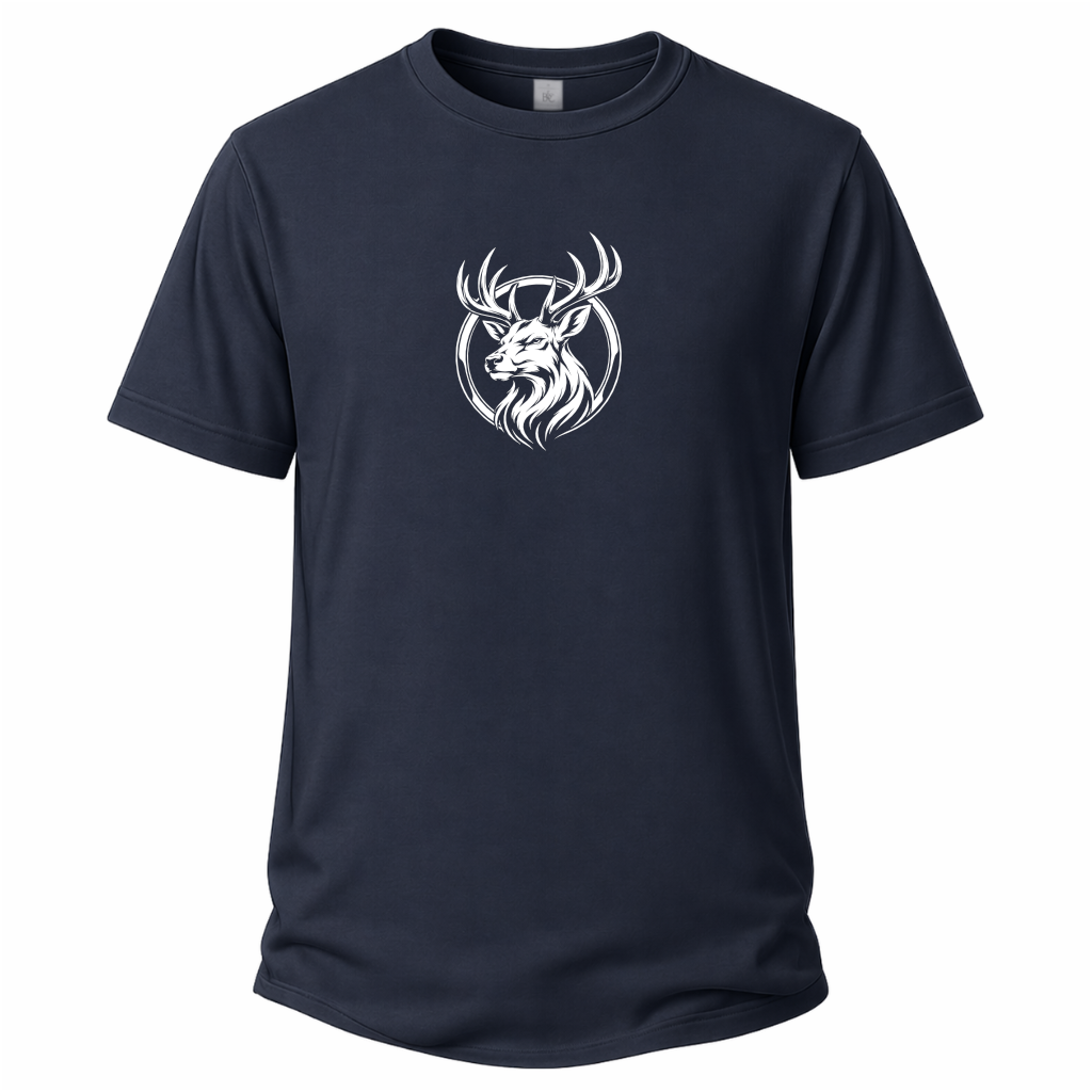 Navi Blaues Wander T-Shirt mit weißem Hirschkopf-Motiv im runden Outdoor-Emblem.