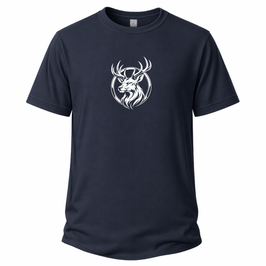 Navi Blaues Wander T-Shirt mit weißem Hirschkopf-Motiv im runden Outdoor-Emblem.