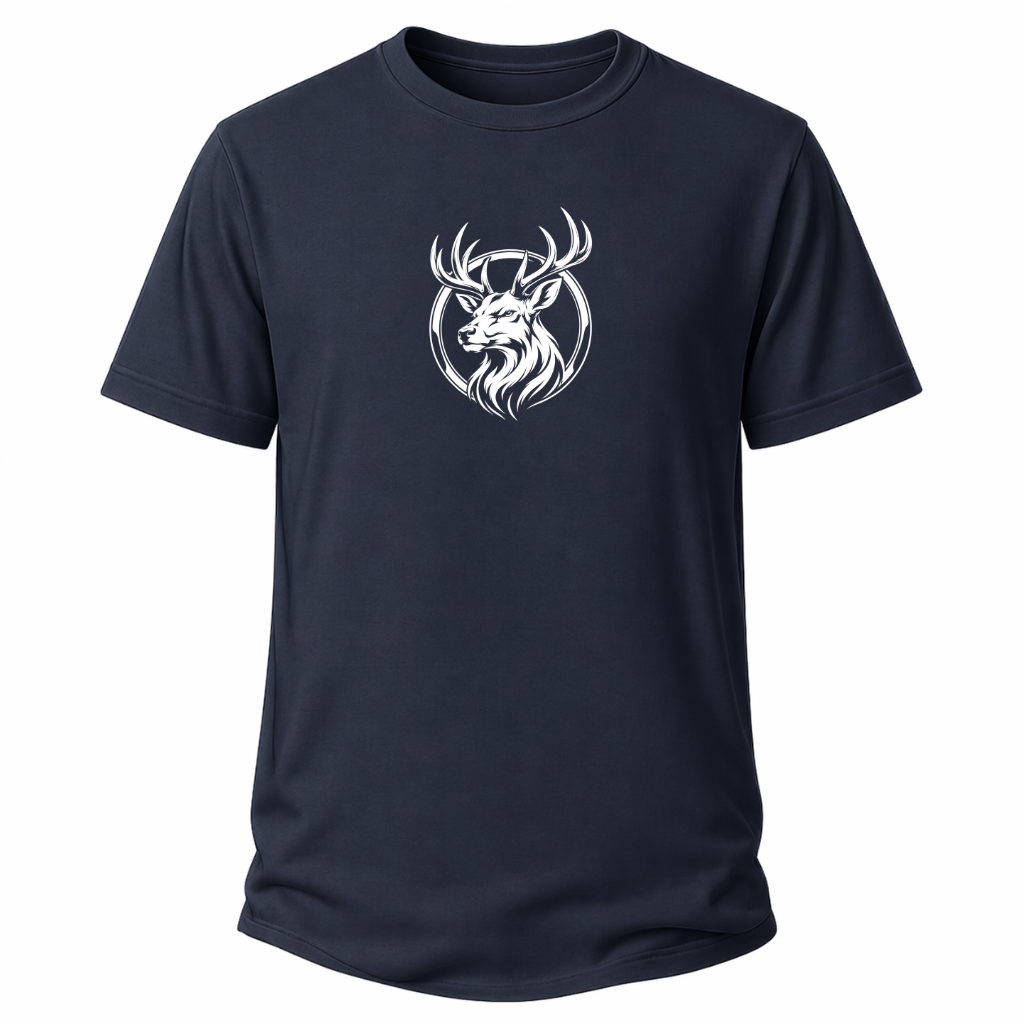 Navi Blaues Wander T-Shirt mit weißem Hirschkopf-Motiv im runden Outdoor-Emblem.
