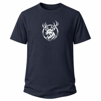 Navi Blaues Wander T-Shirt mit weißem Hirschkopf-Motiv im runden Outdoor-Emblem.