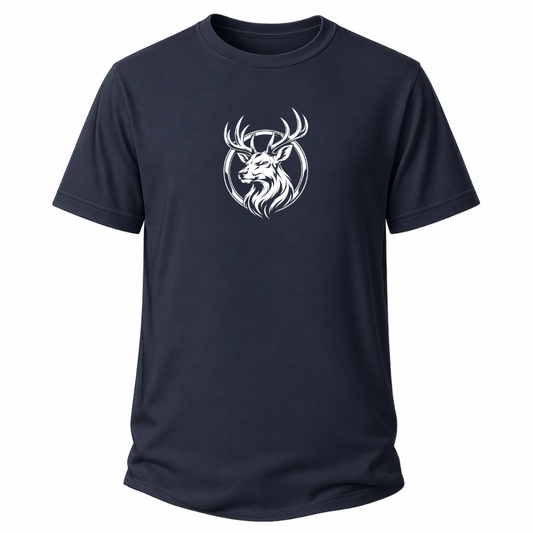 Navi Blaues Wander T-Shirt mit weißem Hirschkopf-Motiv im runden Outdoor-Emblem.