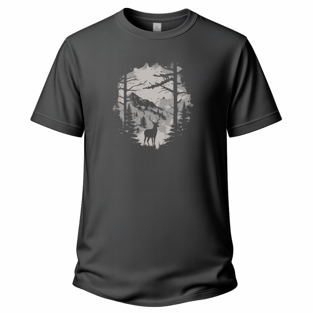 Anthrazitfarbenes Wander T-Shirt mit Hirsch-Silhouette, Waldmotiv und Bergen.