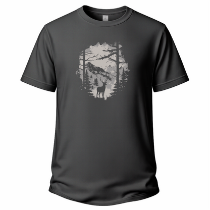 Anthrazitfarbenes Wander T-Shirt mit Hirsch-Silhouette, Waldmotiv und Bergen.
