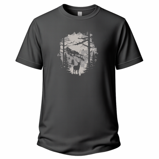Anthrazitfarbenes Wander T-Shirt mit Hirsch-Silhouette, Waldmotiv und Bergen.