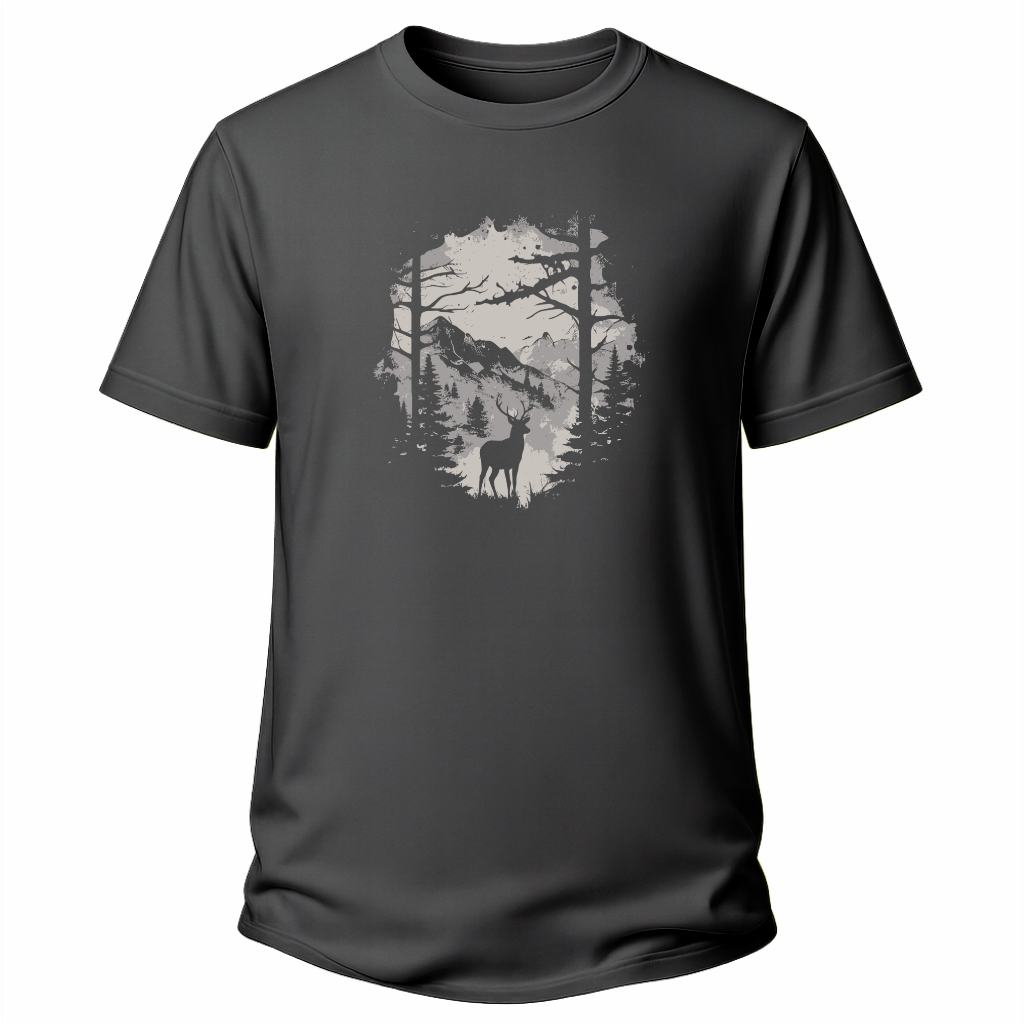 Graues Wander T-Shirt mit Hirsch-Silhouette, Waldmotiv und Bergen.