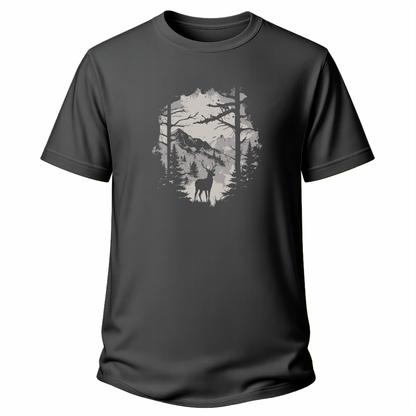 Graues Wander T-Shirt mit Hirsch-Silhouette, Waldmotiv und Bergen.
