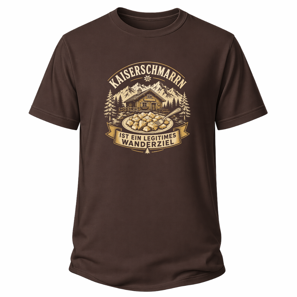 Braunes Wander-T-Shirt mit Spruch „Kaiserschmarrn ist ein legitimes Wanderziel“, Berghütte, Bergen, Tannen und Kaiserschmarrn-Teller.