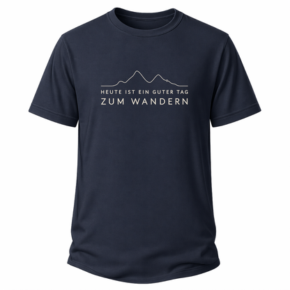 Blaues Wander T-Shirt mit minimalistischem Höhenlinien-Motiv und dem Spruch „Heute ist ein guter Tag zum Wandern“.