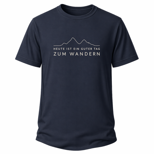 Blaues Wander T-Shirt mit minimalistischem Höhenlinien-Motiv und dem Spruch „Heute ist ein guter Tag zum Wandern“.