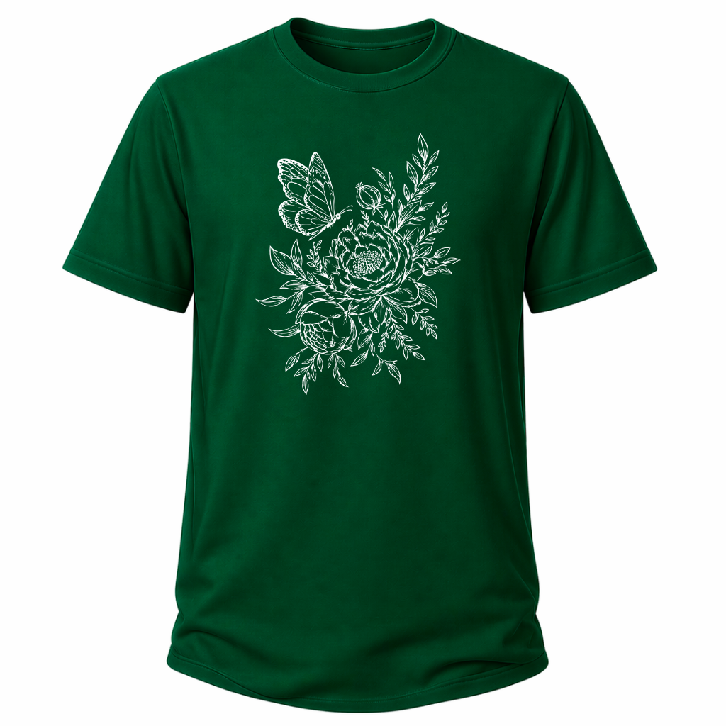 Grünes Natur-T-Shirt mit weißer Liniengrafik aus Pfingstrose, Blättern und Schmetterling.