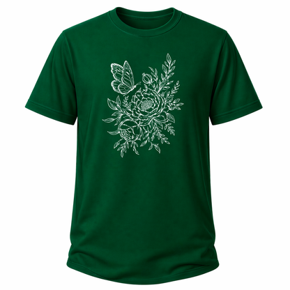 Grünes Natur-T-Shirt mit weißer Liniengrafik aus Pfingstrose, Blättern und Schmetterling.