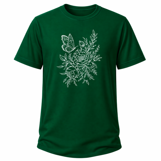 Grünes Natur-T-Shirt mit weißer Liniengrafik aus Pfingstrose, Blättern und Schmetterling.