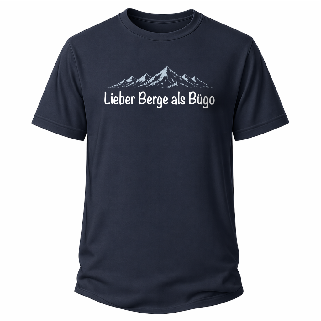Navy Blaues Wander-T-Shirt mit Spruch „Lieber Berge als Büro“ und dezenter Berggrafik im Brustbereich.