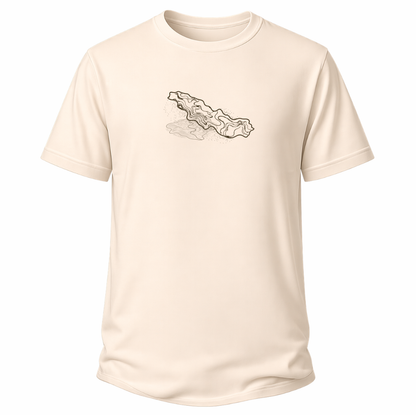 Beiges Wander-T-Shirt mit abstraktem Thüringer-Wald-Motiv aus hellen Topografie-Linien.