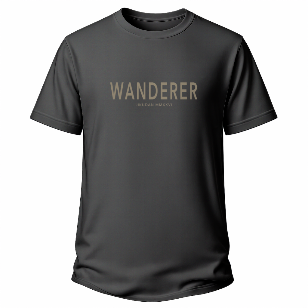Dunkelgraues Wander-T-Shirt mit schlichtem WANDERER-Schriftzug und kleiner JIKUDAN MMXXVI-Zeile auf der Brust.