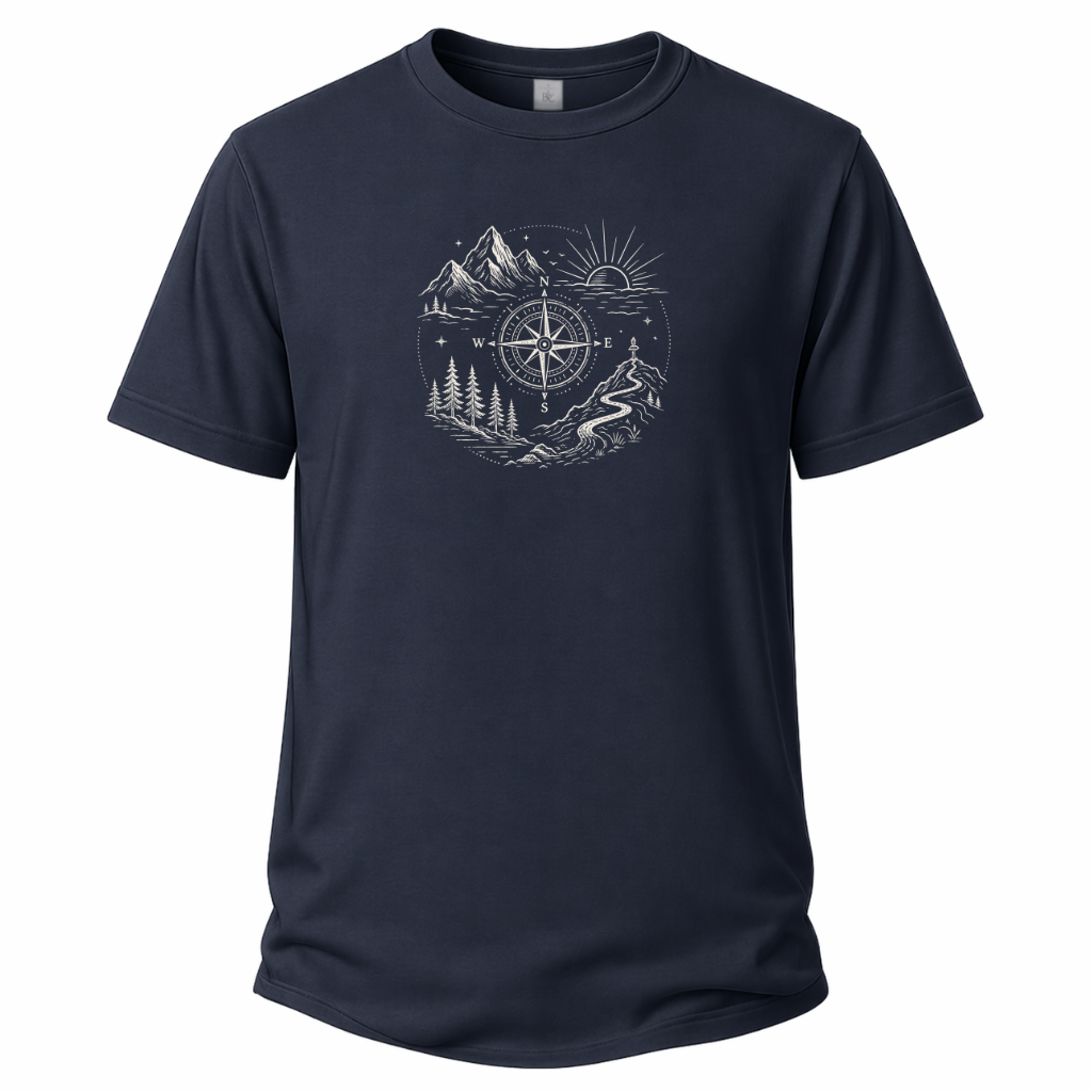 Blaues Wander T-Shirt mit feinem Kompassmotiv, Bergen, Wald, Sonnenaufgang und geschwungenem Weg.