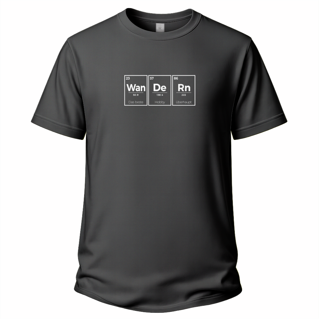 Graues Wander T-Shirt mit Periodensystem-Motiv und dem Spruch „Wan De Rn – das beste Hobby überhaupt“.