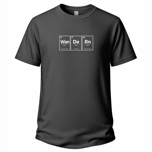 Graues Wander T-Shirt mit Periodensystem-Motiv und dem Spruch „Wan De Rn – das beste Hobby überhaupt“.
