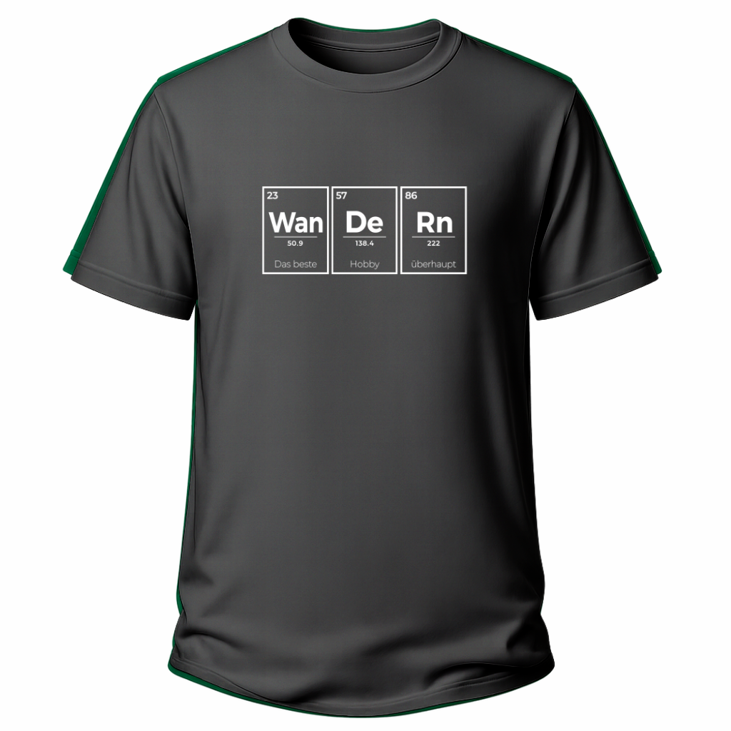 Graues Wander T-Shirt mit Periodensystem-Motiv und dem Spruch „Wan De Rn – das beste Hobby überhaupt“.