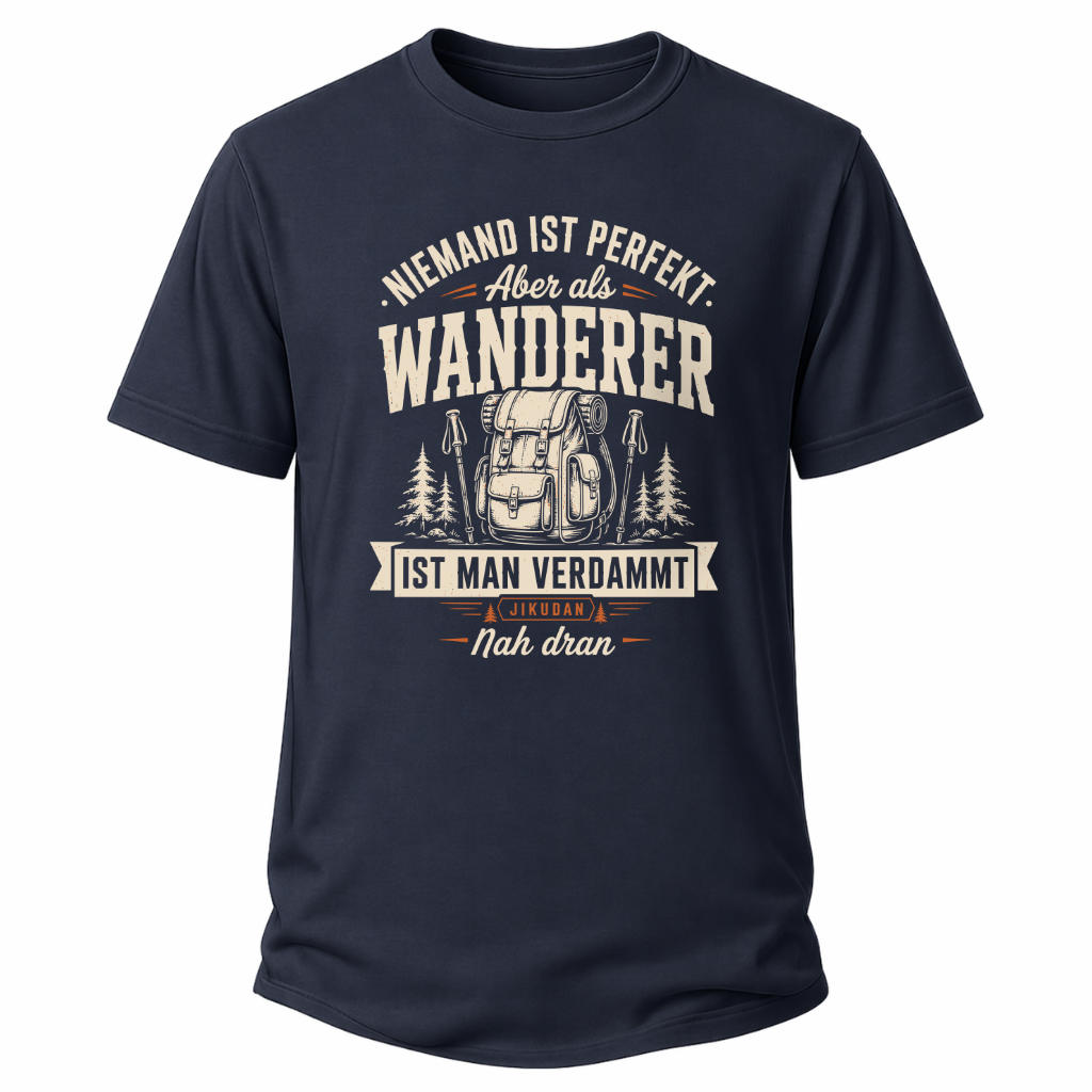 Blaues Wander-T-Shirt mit Spruch „Niemand ist perfekt. Aber als Wanderer ist man verdammt nah dran.“, Rucksackmotiv und kleinem Jikudan-Logo.