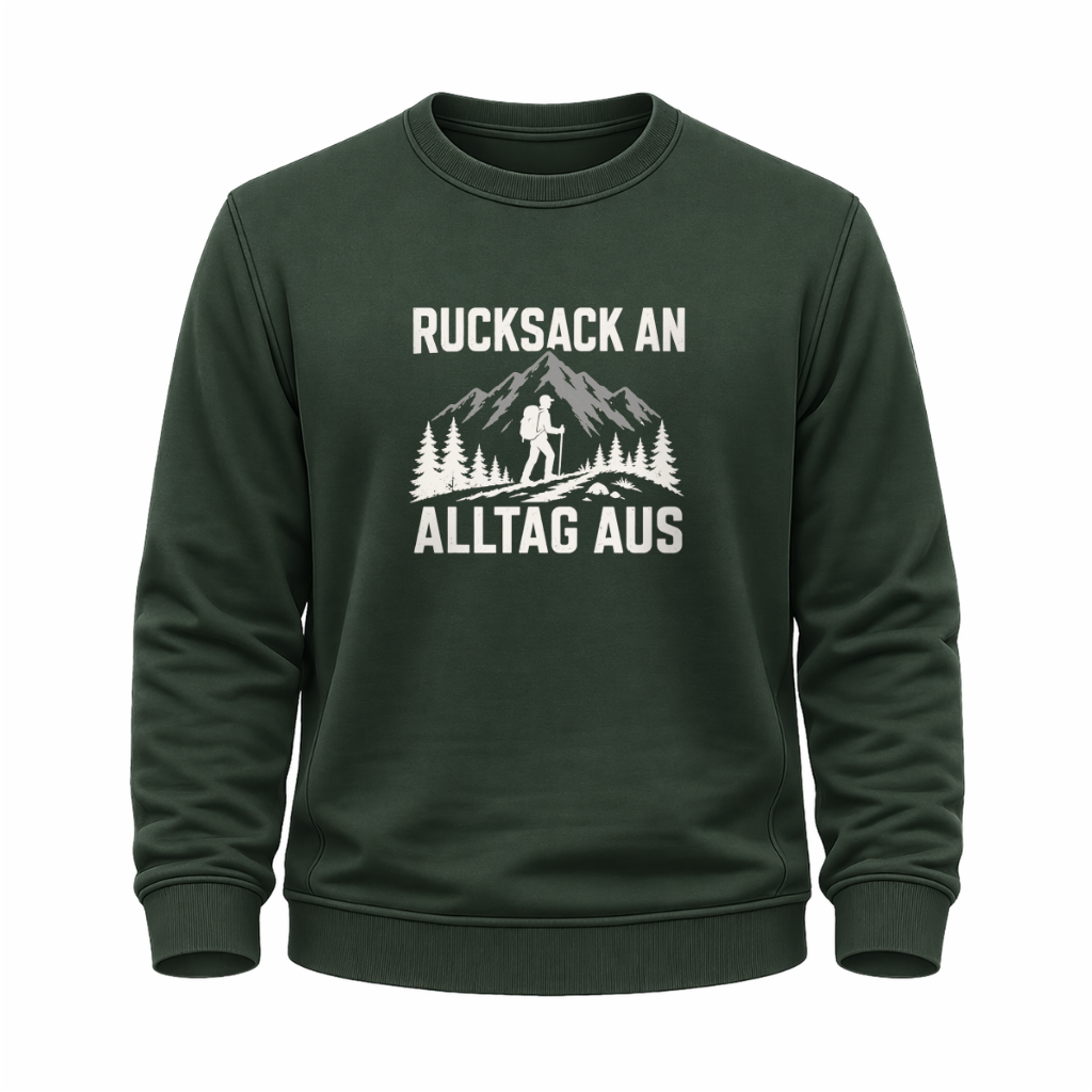 Grünes Wander Sweatshirt mit Aufdruck „Rucksack an, Alltag aus“, Bergen, Tannen und Wanderer.