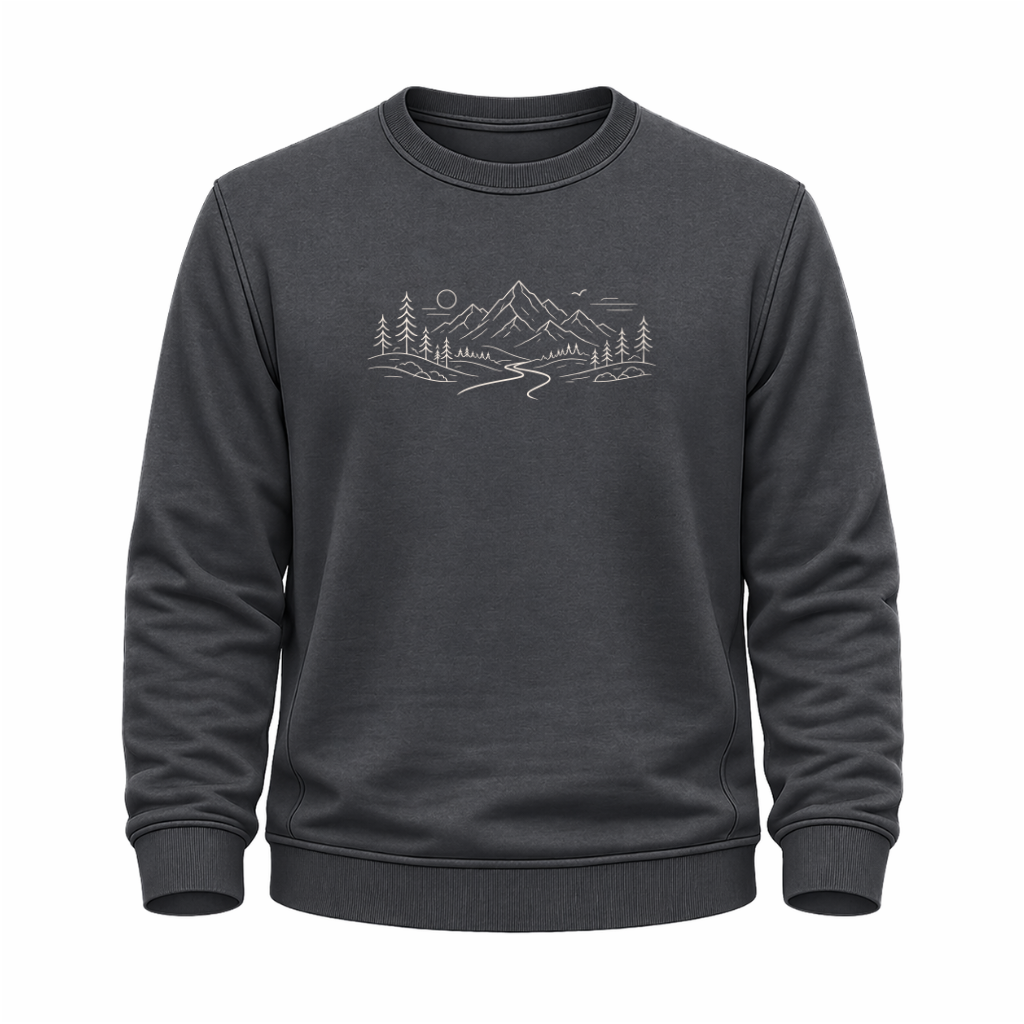 Graues Wander Sweatshirt mit feinem Bergpfad-Motiv, Bergen, Bäumen, Sonne und Landschaftslinie.