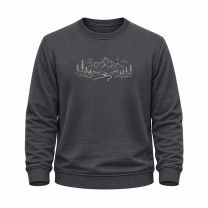 Graues Wander Sweatshirt mit feinem Bergpfad-Motiv, Bergen, Bäumen, Sonne und Landschaftslinie.