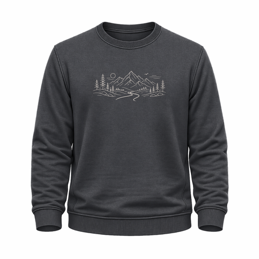 Graues Wander Sweatshirt mit feinem Bergpfad-Motiv, Bergen, Bäumen, Sonne und Landschaftslinie.