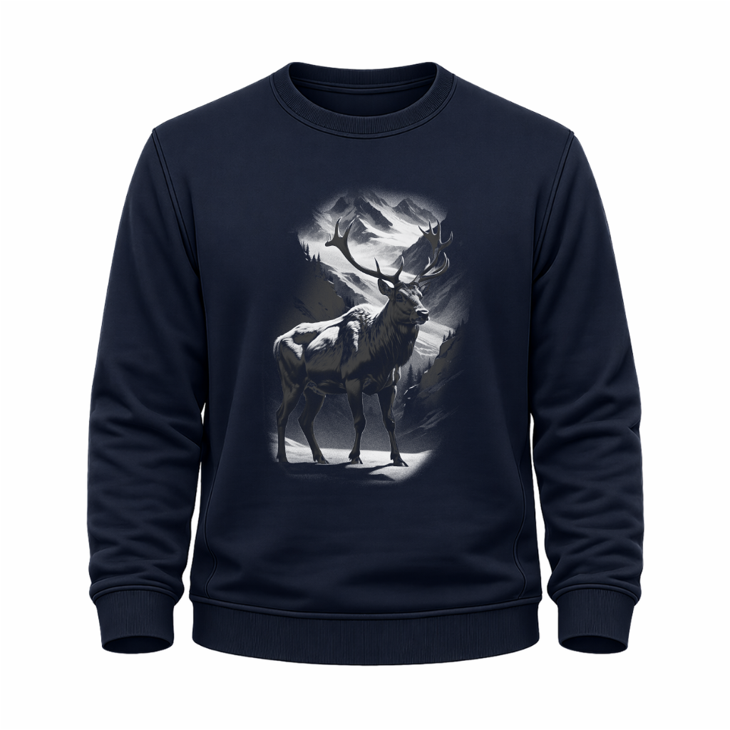 Navy Blaues Wander Sweatshirt mit Caribou vor Berglandschaft im monochromen Outdoor-Stil.