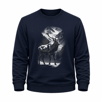 Navy Blaues Wander Sweatshirt mit Caribou vor Berglandschaft im monochromen Outdoor-Stil.