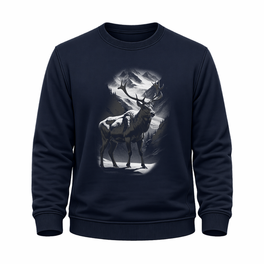 Navy Blaues Wander Sweatshirt mit Caribou vor Berglandschaft im monochromen Outdoor-Stil.