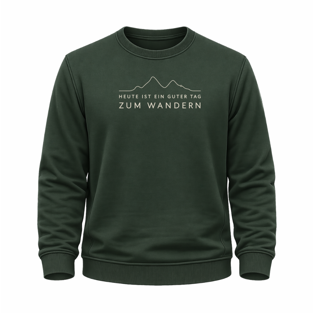 Grünes Wander Sweatshirt mit minimalistischem Höhenlinien-Motiv und dem Spruch „Heute ist ein guter Tag zum Wandern“.