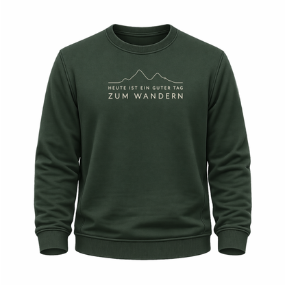 Grünes Wander Sweatshirt mit minimalistischem Höhenlinien-Motiv und dem Spruch „Heute ist ein guter Tag zum Wandern“.